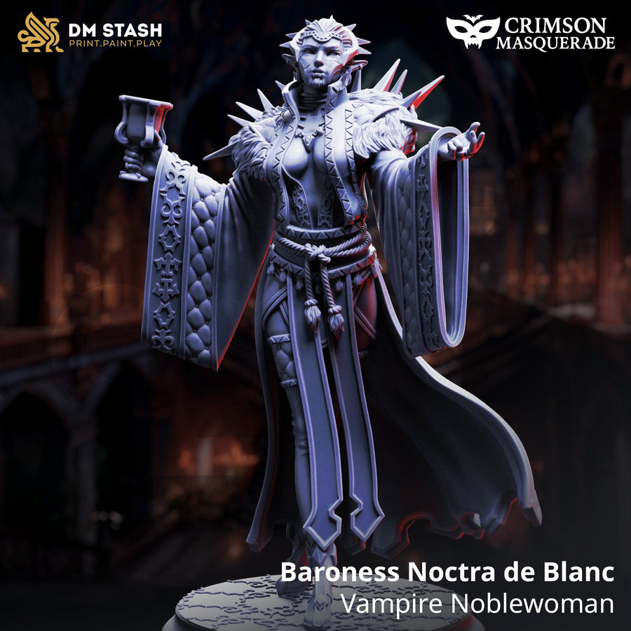 Front view of a vampire noblewoman miniature holding a chalice in a flowing gown.