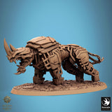 Warrior with axe riding mechanical rhino, front-side angle.