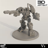 Vollansicht der 3D-gedruckten Mech-Miniatur mit Bohrer- und Kanonenarmen auf einem Rundbase.