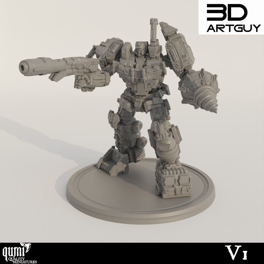 Vollansicht der 3D-gedruckten Mech-Miniatur mit Bohrer- und Kanonenarmen auf einem Rundbase.