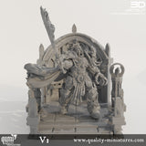 Three-quarter view of the space warrior holding a flaming sword on a gothic dais.
