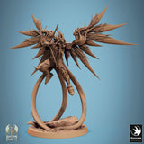 3D-printed resin miniature of an angelic warrior holding a bow, perched on a rock base