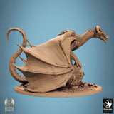 Side profile of the dragon, emphasizing the long tail and rocky terrain base.