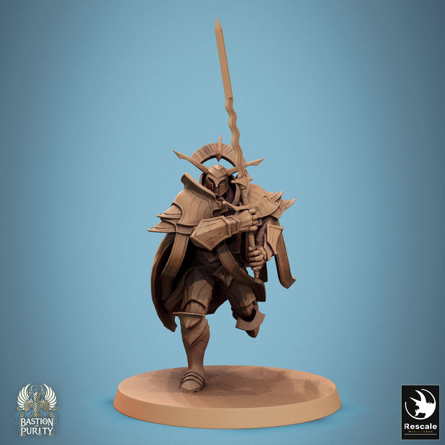 Dynamic 3D-printed miniature of an Aeterna General running with a raised wavy greatsword