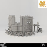A single defensive palisade corner section featuring sharp stakes and a wooden platform structure.