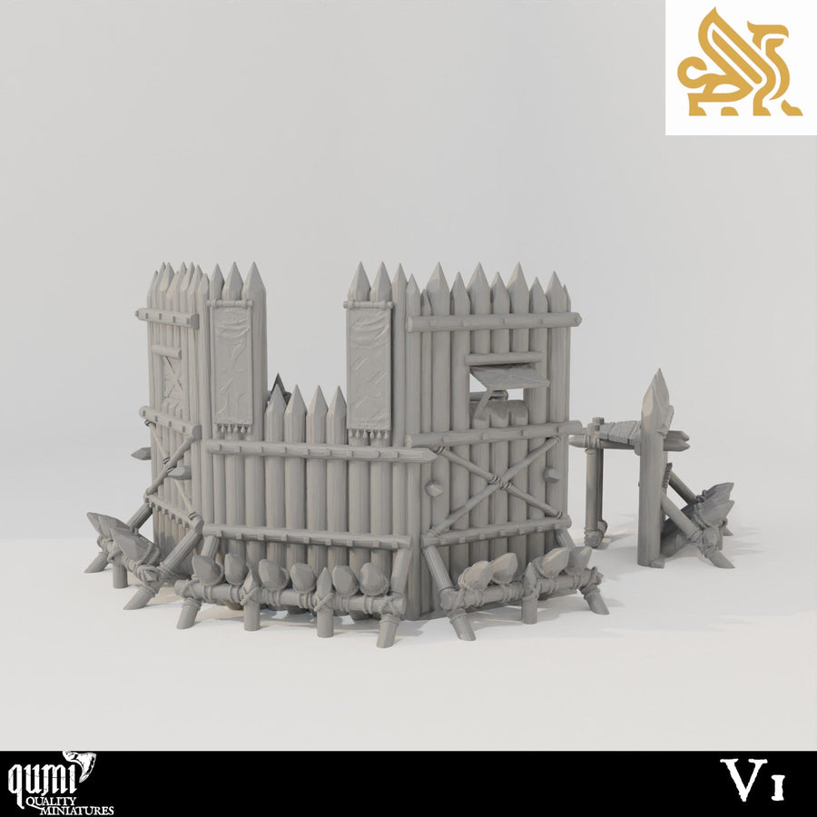 A single defensive palisade corner section featuring sharp stakes and a wooden platform structure.