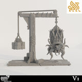 Side angle view of the gibbet cage with a mimic hanging from the crane