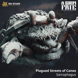 Close-up view of the Plagued Streets of Canos sarcophagus featuring a monstrous creature with large jaws.