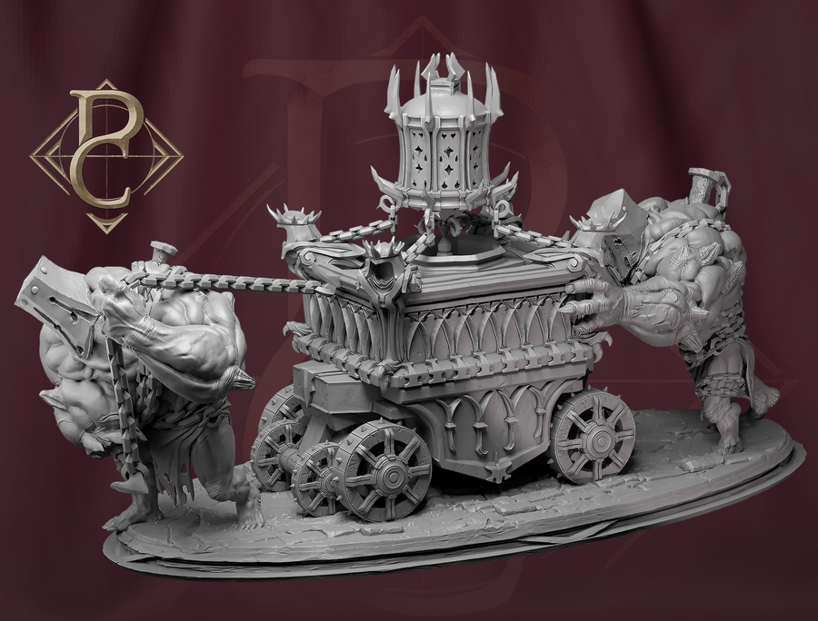 Aetherblight Censer diorama featuring a gothic carriage pulled by two muscular, chained brute miniatures.