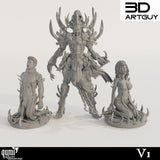 Front view of the Raider King leader miniature standing with two kneeling figures on circular bases.