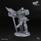 Front view of the Betrayer King sword fighter miniature standing on a round base.