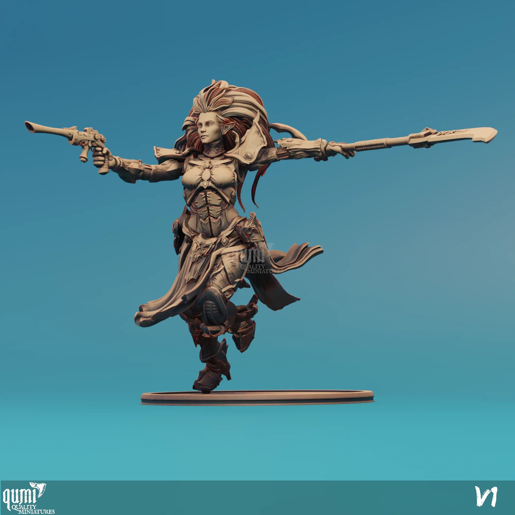 Scifi tabletop miniature of a Space Elf Warrior by Qumi, detailed 3D art for wargaming and RPG tabletop gaming.