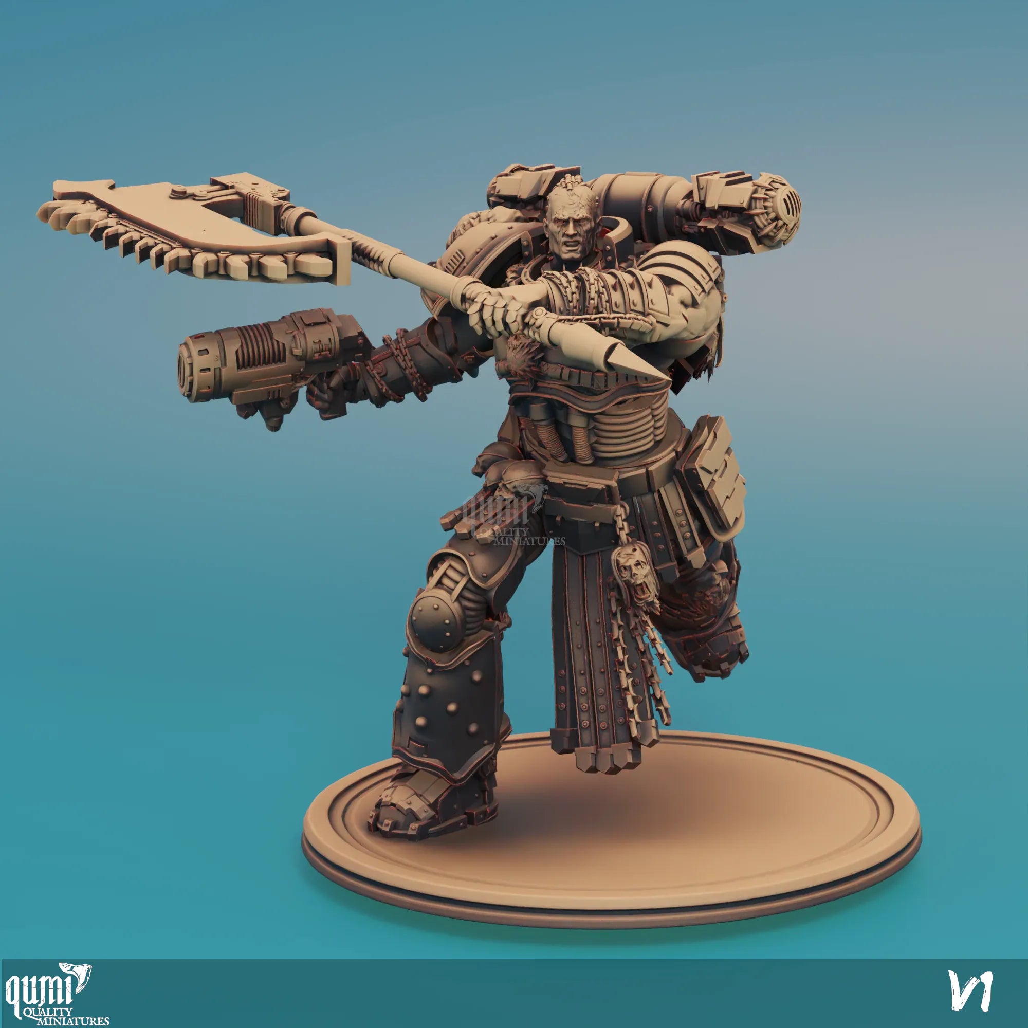 Scifi warrior miniature by Qumi, tabletop figure of a great guy with armor and weapon, ideal for wargaming and RPG settings.