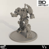 Vorderansicht einer mechanischen Krieger-Miniatur mit Details aus Panzerketten.