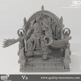 Front view of the space warrior standing on a detailed gothic platform with eagle motifs.