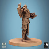 Side profile of an armored Aeterna warrior holding a great axe, detailed 3D-printed tabletop miniature