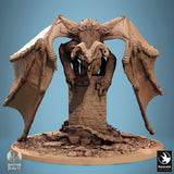 Front view of the dragon on a pillar, showcasing the intricate spiked armor.
