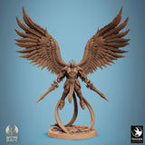 Front view of a winged sword fighter miniature with dual blades, 32mm scale tabletop figure