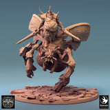 Angled front view of the mounted Kharax warrior miniature holding a weapon while riding the creature