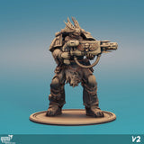 V2 gepanzerte Space-Warrior-Miniatur mit detailreicher Gatling-Waffe, digitale Darstellung.