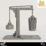 Gray render of a gibbet crane with an empty gothic-style cage and a stone counterweight, variant V2.