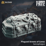 Angled shot of the ornate sarcophagus terrain adorned with tentacles and chains.