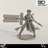 Frontale Perspektive einer Miniatur eines männlichen Revolverhelden mit Stachelfrisur und futuristischer Schusswaffe.