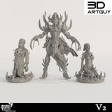 Front view of a tall armored warrior figure flanked by two kneeling captive miniatures on circular bases.