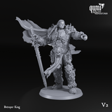 Front view of the Betrayer King miniature standing with a sword and pointing arm, on a round base.