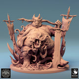 Front view of a bloated demon holding a large sword and flanked by two tall, tattered banners on a round base.