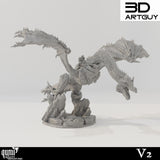 Gepanzerter V2 Drache mit Reiter, seitliche Ansicht auf Fels-Basis.