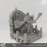 Side view of the space warrior on a gothic platform with a prominent eagle statue.