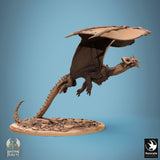 Dragon miniature in flight pose, tail touching the ground, wings elevated.