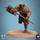 Front view of an Aeterna infantry soldier running into battle with a polearm axe, high-detail resin model