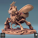 A armored warrior mounted on a giant insect, holding an axe, on a stone rubble base.