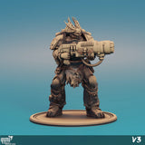 V3 Space-Warrior-Miniatur in schwerer Servorüstung, ausgestattet mit einem großen Plasma-Gewehr, digitale Darstellung.