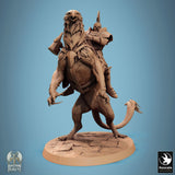 Frontansicht eines schwer gepanzerten Ritters auf einem steigenden Gryph mit Hammer.
