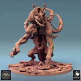 Side profile of a beast with clawed arms and chained horns, standing on rubble.