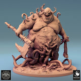 Front view of a monstrous demon with tentacles, wielding a spiked axe and a cluster of bells on a round base.