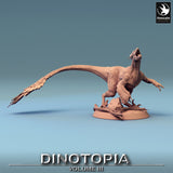 Low angle view of the roaring Pyroraptor, emphasizing the dynamic stance on the rocky base.