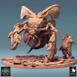 Side view of the insectoid creature hovering with a detached warrior standing to its right.