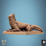 Seitenansicht eines ruhenden Gryph, die die Fell- und Federtexturen hervorhebt.