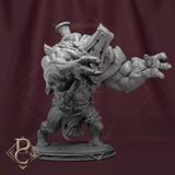 Grey resin 3D render of a hulking, shackled monster with a metal cage head, reaching forward in a dynamic pose.