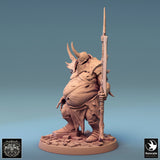 Side profile of a corpulent executioner miniature with a large poleaxe and horned helmet on a stone base.