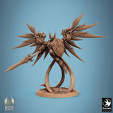 Winged warrior miniature in armor with shield and spear, standing on a circular base.