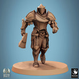 A 3D render of a knight in ornate armor walking forward, holding a hammer in one hand.