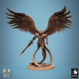 Tabletop miniature of an armored angel with large feathered wings and a spear.