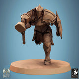 A 3D render of an armored knight in a dynamic running pose, holding a hammer and shield.