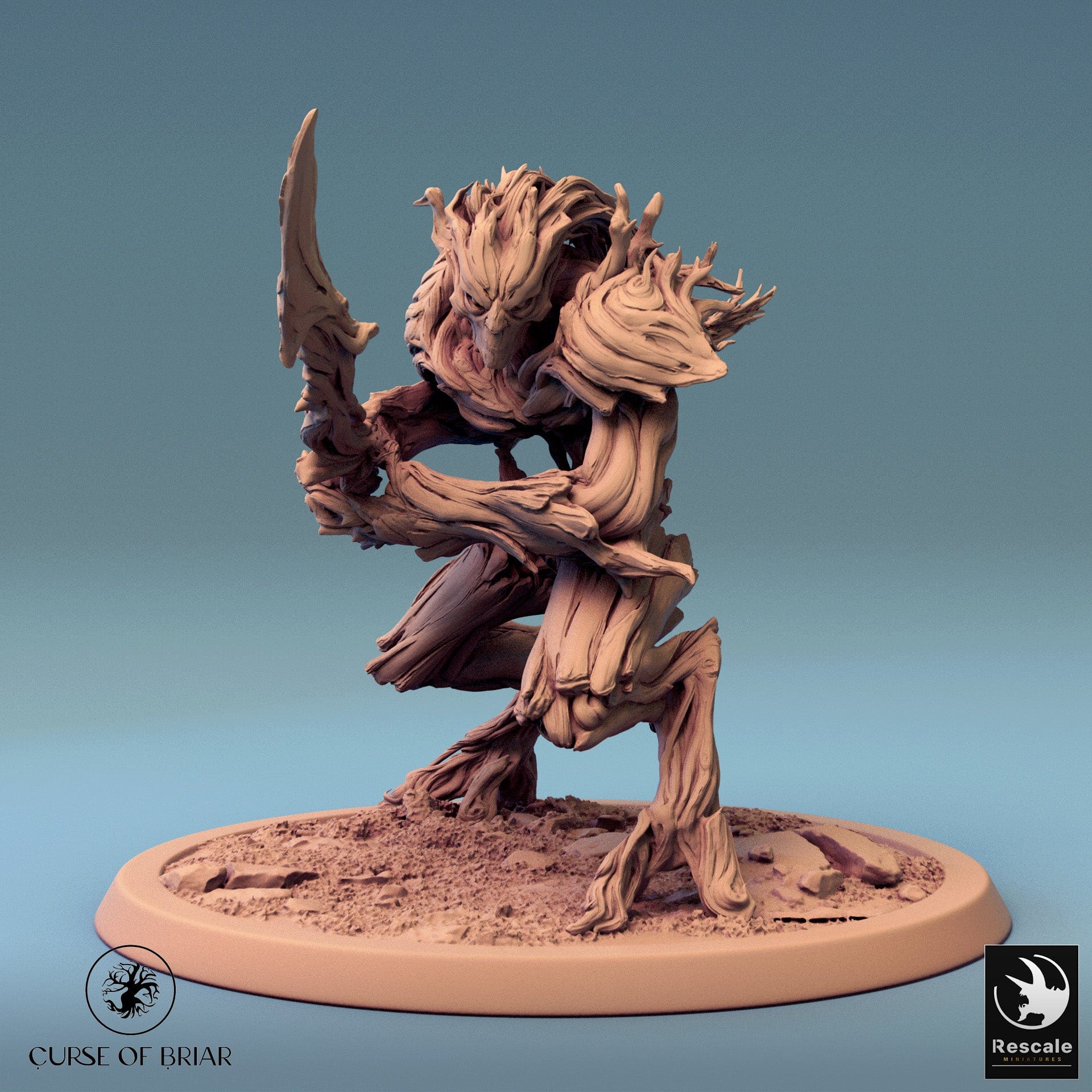 Tabletop humanoid Branchblades miniature with sword, bark-clad armor, 32mm scale, from Quality Miniatures Qumi for wargaming and RPG.