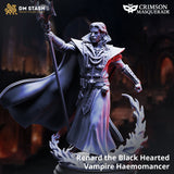 3D-gedruckte Resin-Miniatur eines Vampir-Zauberers mit Stab auf einem flammenverzierten Sockel.